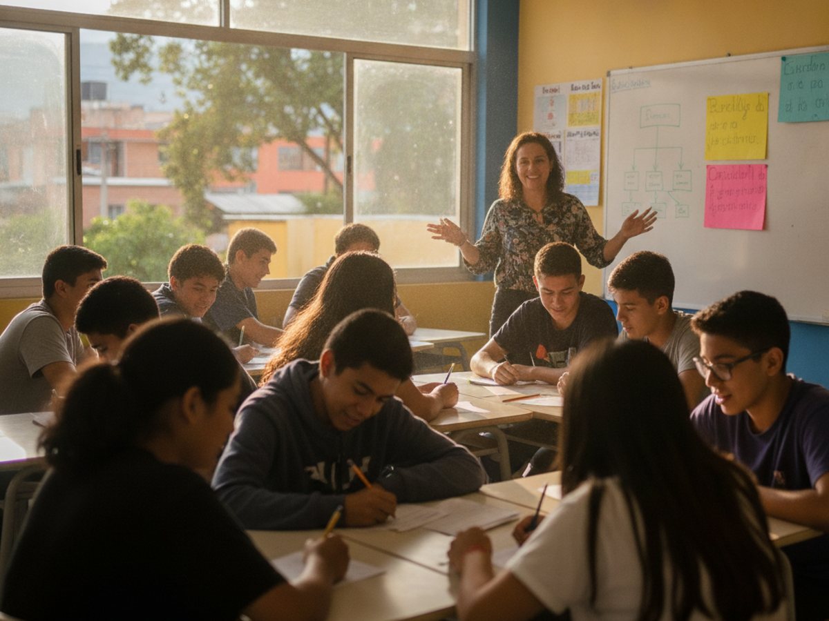 Docente y estudiantes en un salón durante la jornada de elección del gobierno escolar